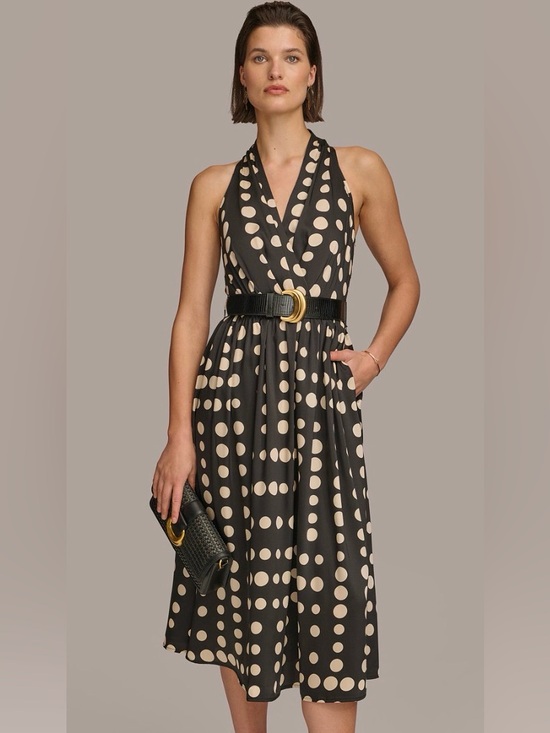 Donna Karan Dresses & Skirts - Donna Karan Black and Cream Polka Dot Halter Midi Dress